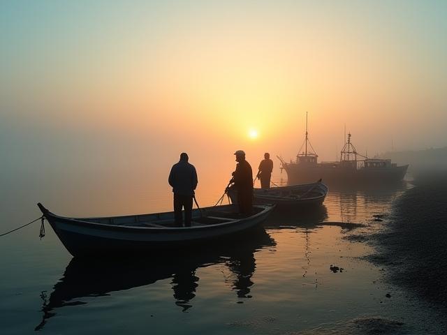 सुबह के समय मछुआरों का दस्तावेजी फ़ोटो